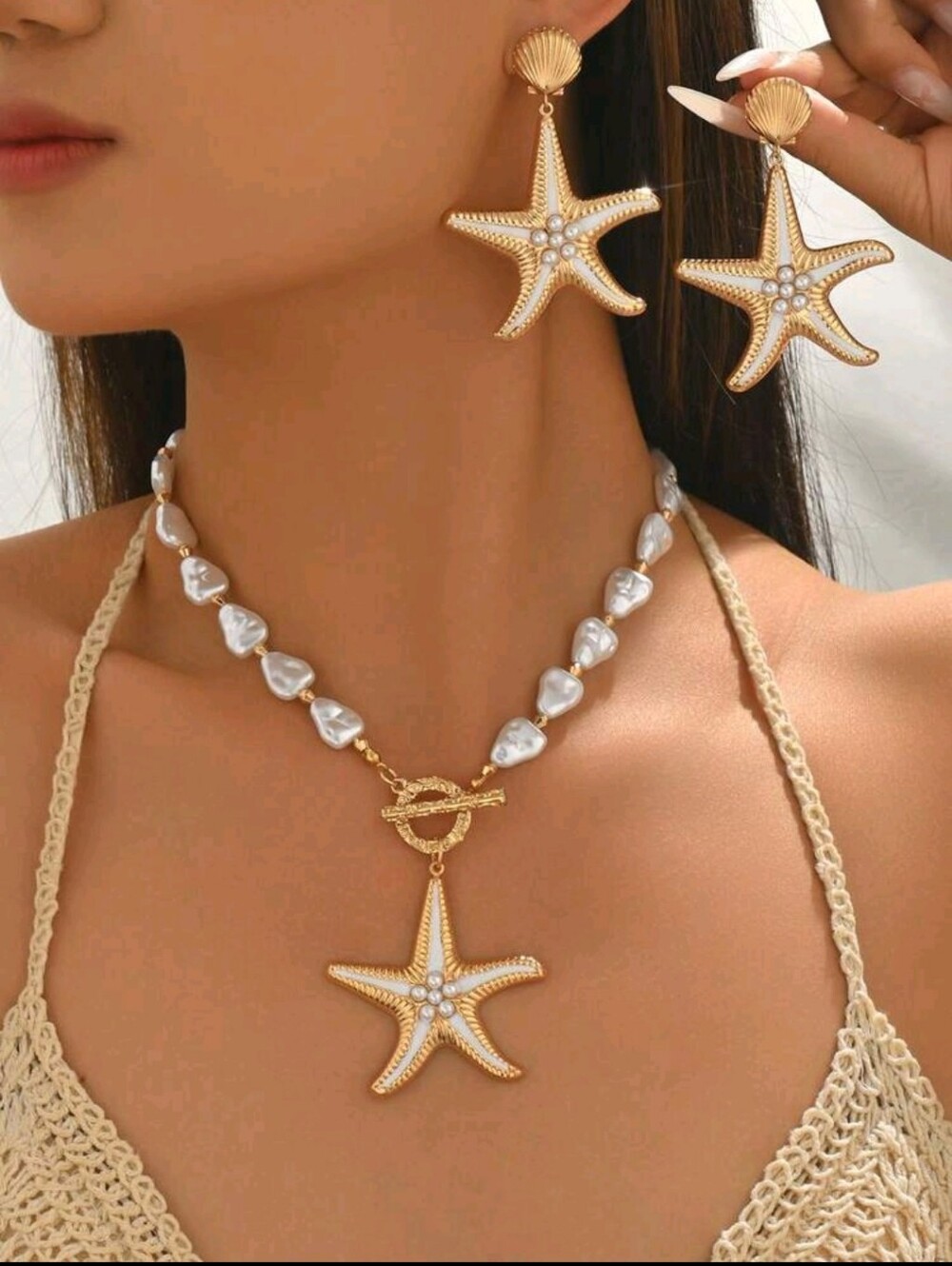 BRAND NEW ** Gold Starfish Pearl Necklace and Earring Set